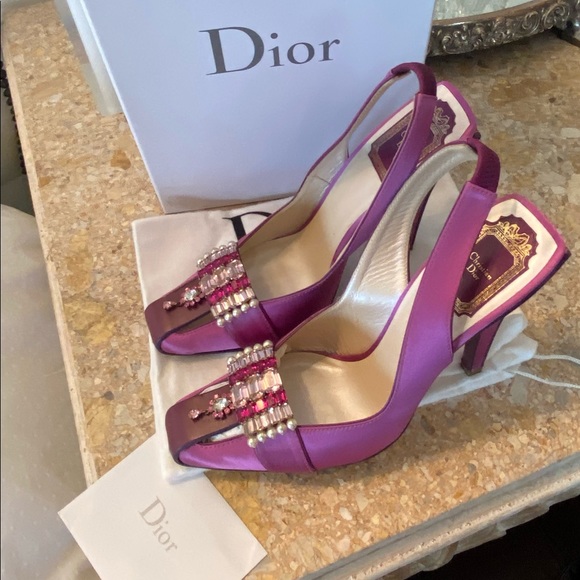 COPY - Christian Dior Sling back Jeweled Satin & leather Vintage Pink - Purple …